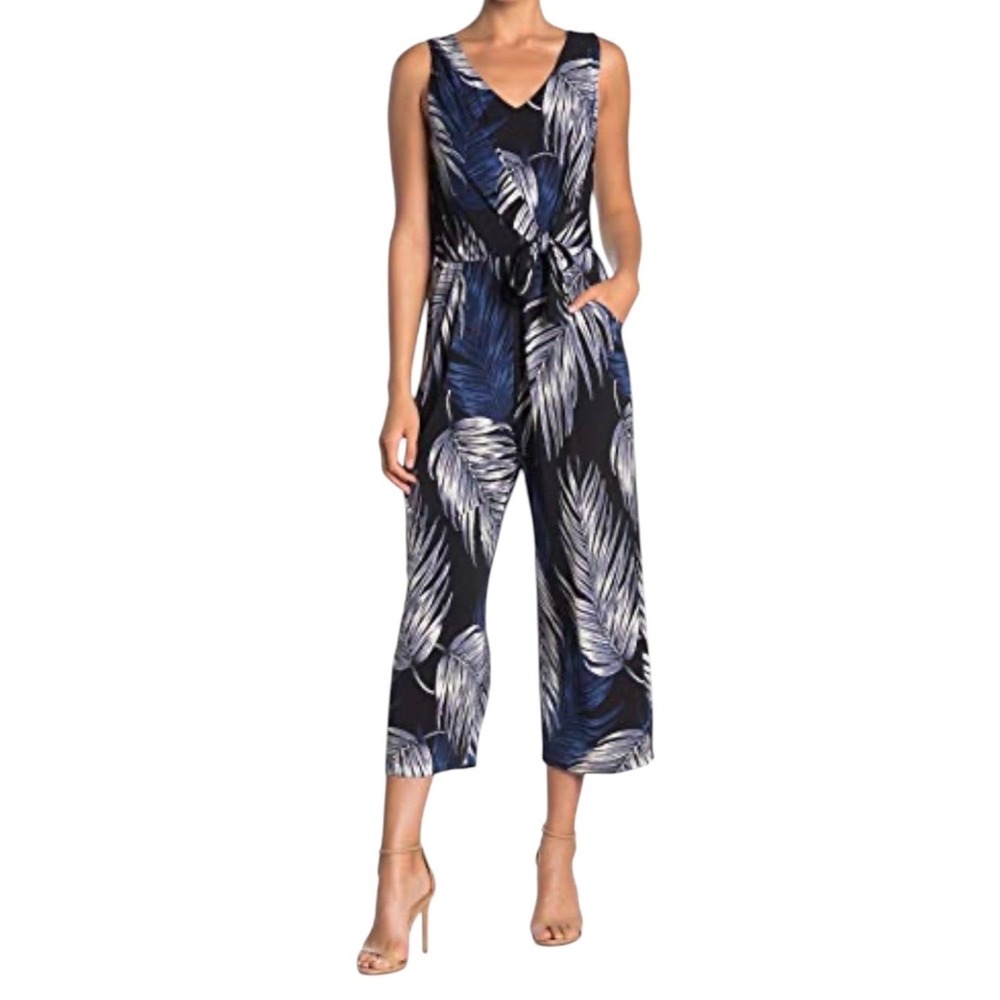 Karen Kane Black & Blue Palm Print Sleeveless Wide Leg Jumpsuit, Medium, Resort